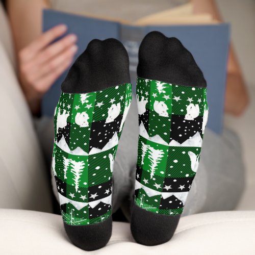 Nordic Sweater Winter Animals Green Buffalo Plaid Socks