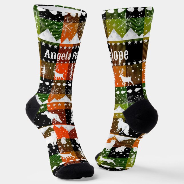 Nordic Sweater Winter Animals Green Orange Plaid Socks (Angled)
