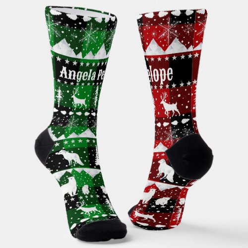 Nordic Sweater Winter Animals Green Red Plaid Socks