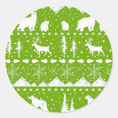 Nordic Sweater Winter Animals Lime Green And White Classic Round Sticker