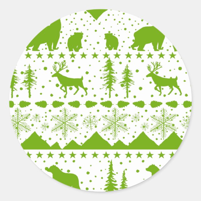 Nordic Sweater Winter Animals Lime Green And White Classic Round Sticker (Front)