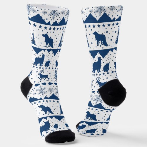 Nordic Sweater Winter Animals Navy And White Socks