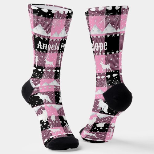 Nordic Sweater Winter Animals Pink Buffalo Plaid Socks