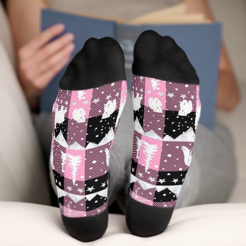 Nordic Sweater Winter Animals Pink Buffalo Plaid Socks