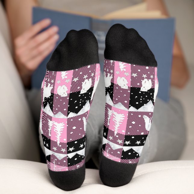 Nordic Sweater Winter Animals Pink Buffalo Plaid Socks (Bottom)