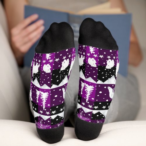 Nordic Sweater Winter Animals Purple Buffalo Plaid Socks