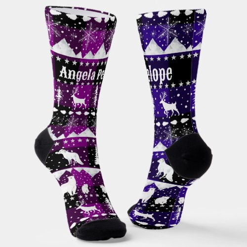 Nordic Sweater Winter Animals Purple Violet Plaid Socks