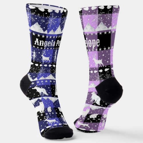 Nordic Sweater Winter Animals Purple Violet Plaid Socks