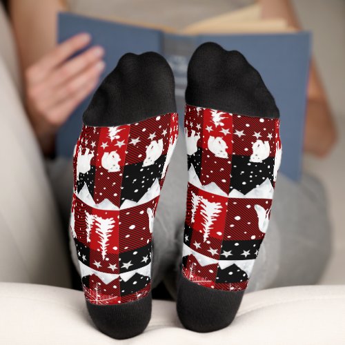 Nordic Sweater Winter Animals Red Buffalo Plaid Socks