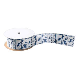 Nordic Sweater Winter Animals White & Navy Blue Satin Ribbon