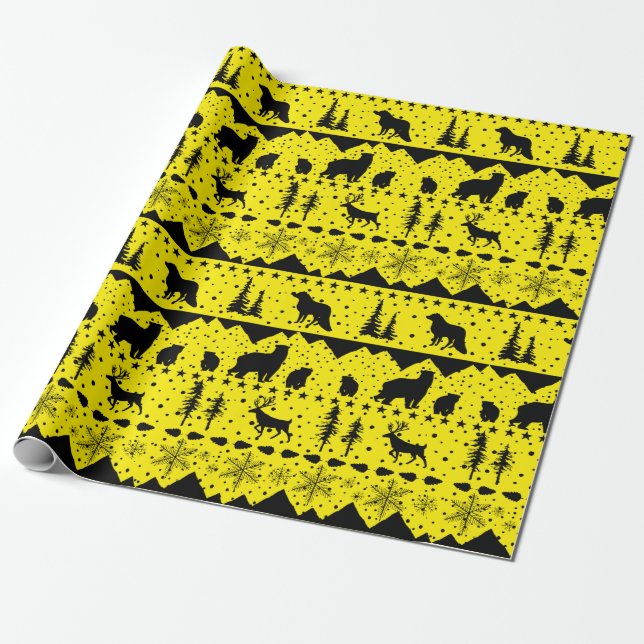 Nordic Sweater Yellow And Black Winter Animals Wrapping Paper (Unrolled)