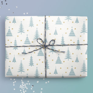 Nordic Teal Christmas Trees White Wrapping Paper