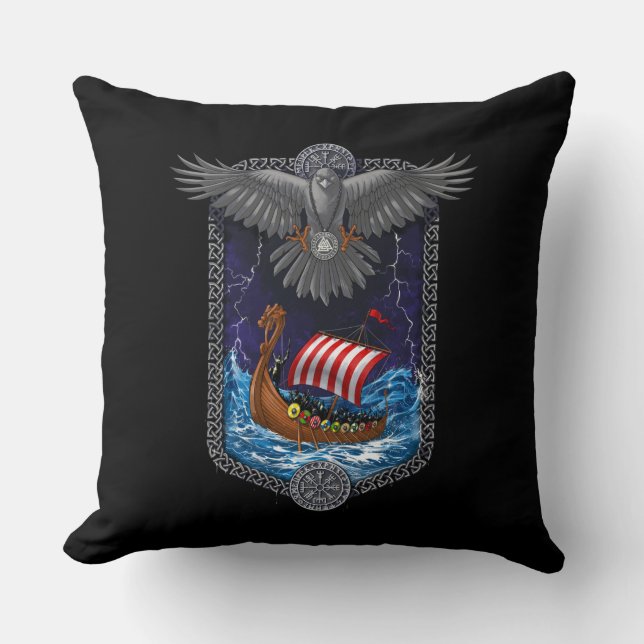 Nordic Viking Ship Raven Throw Pillow (Front)