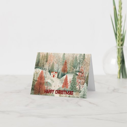 Nordic village forest scene Happy Christmas Holiday Card