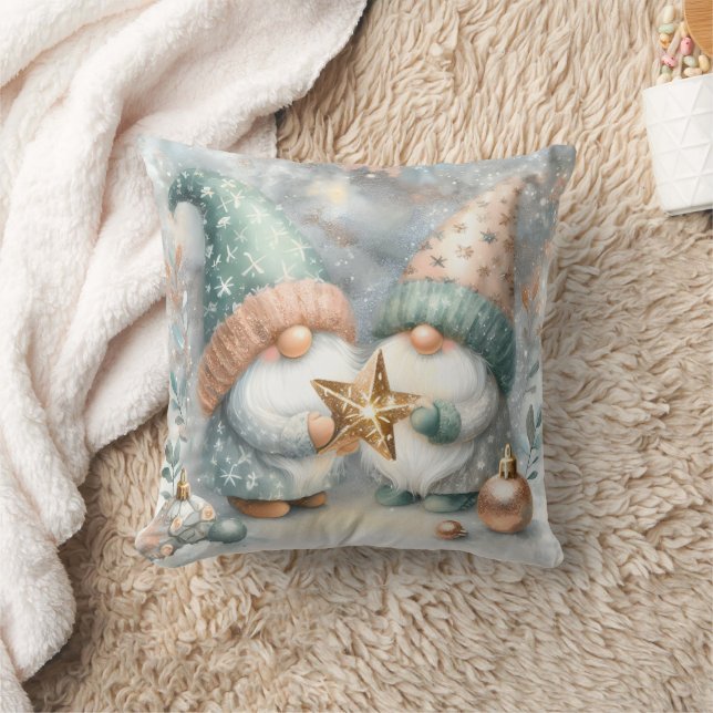 Nordic Whimsical Christmas Gnome Blue Gold Holiday Throw Pillow (Blanket)