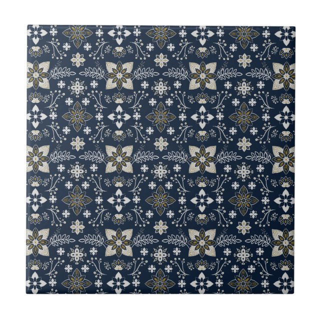 Nordic white and gold flowers on blue background  ceramic tile (Front)