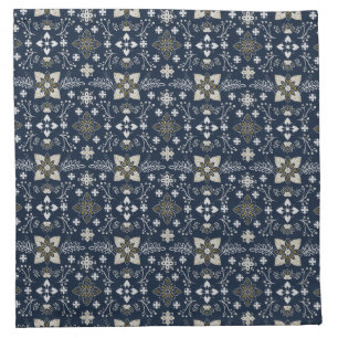 Nordic white and gold flowers on blue background cloth napkin