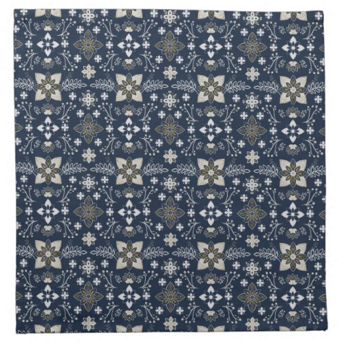 Nordic white and gold flowers on blue background  cloth napkin