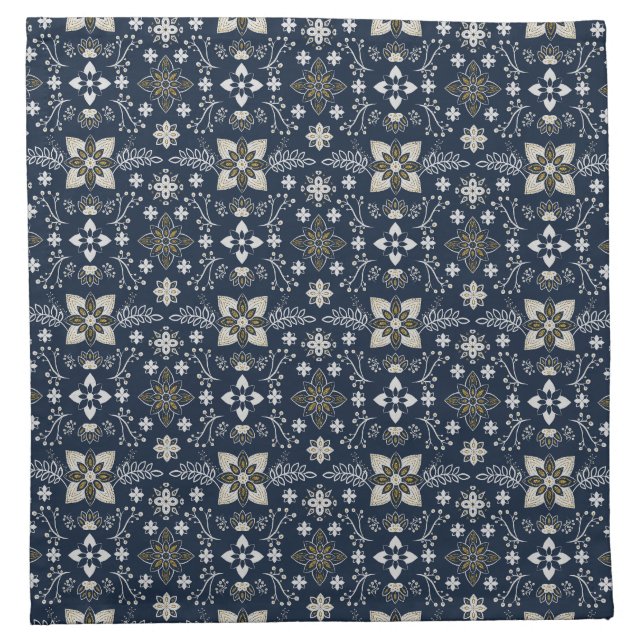 Nordic white and gold flowers on blue background  cloth napkin (Front)
