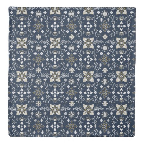 Nordic white and gold flowers on blue background  duvet cover