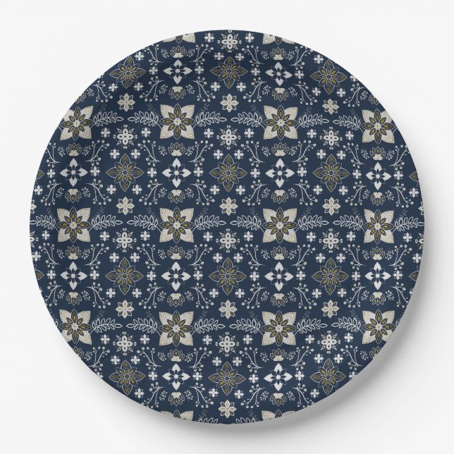 Nordic white and gold flowers on blue background  paper plates (Front)