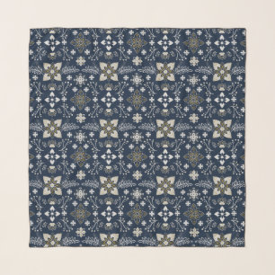 Nordic white and gold flowers on blue background scarf