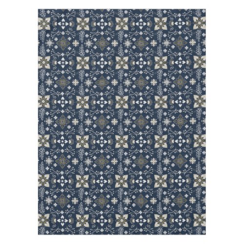 Nordic white and gold flowers on blue background  tablecloth