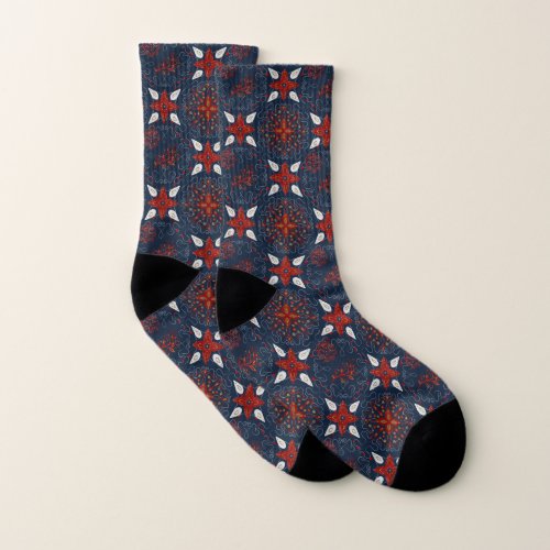 Nordic White and Red flowers Pattern Socks