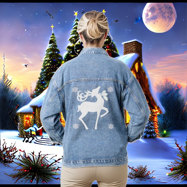 Nordic White Reindeer Winter Snowflakes Elegant  Denim Jacket (Nordic White Reindeer Winter Snowflakes Elegant Denim Jacket)
