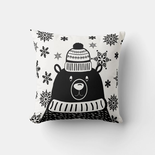 Nordic Winter Bear and Snowflakes Throw Pillow (Front)