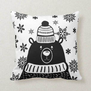 Nordic Winter Bear and Snowflakes Throw Pillow
