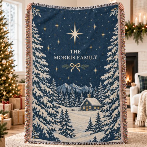 Nordic Winter Cabin Celestial Folk Art Holiday Throw Blanket