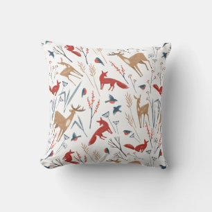 Nordic Winter Forest Animals and Berries Pattern Throw Pillow