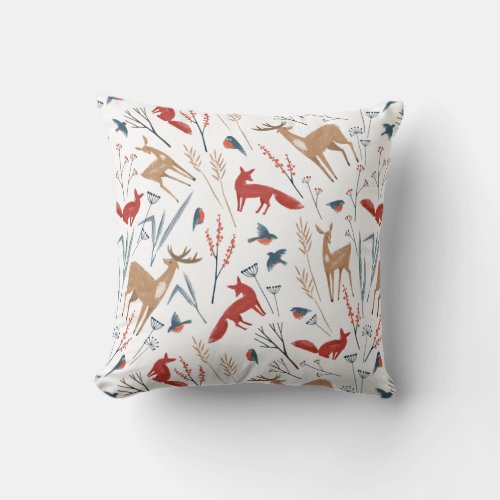 Nordic Winter Forest Animals and Berries Pattern Throw Pillow