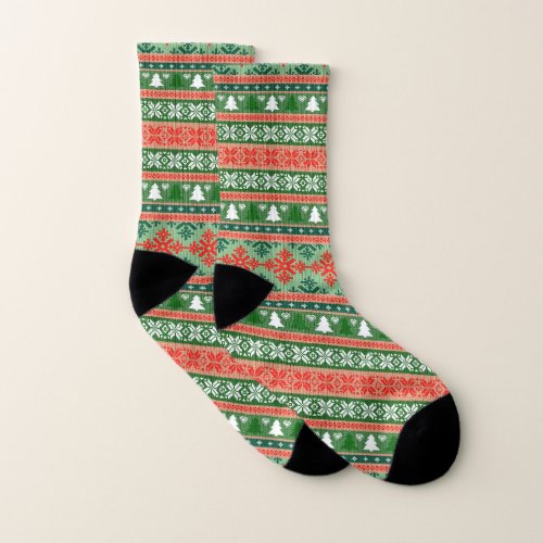 Nordic Winter Holiday Hygge Red  Green Socks