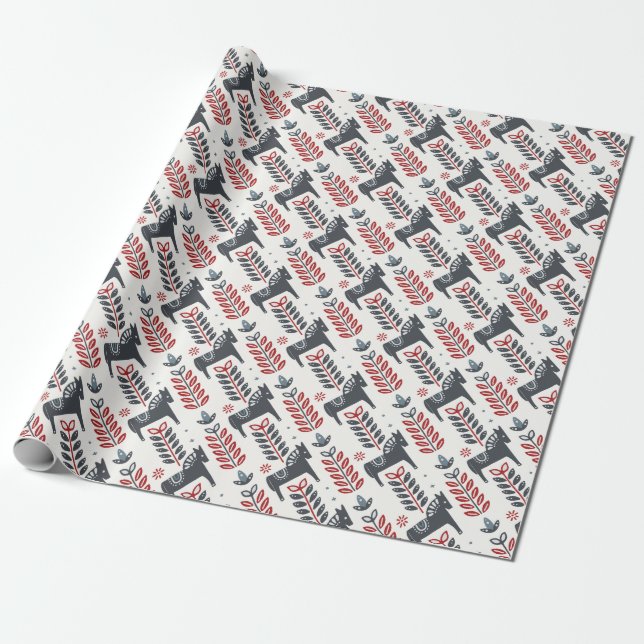 Nordic Winter Horses Pattern Wrapping Paper (Unrolled)