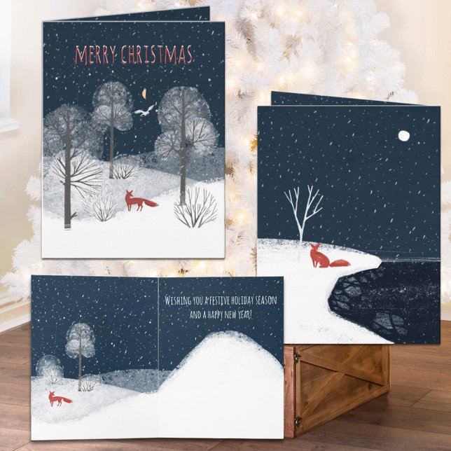 Nordic Winter Night Red Fox In The Countryside  Holiday Card (Nordic Winter Night Red Fox In The Countryside Christmas Holiday Wraparound Graphics Folded Card)