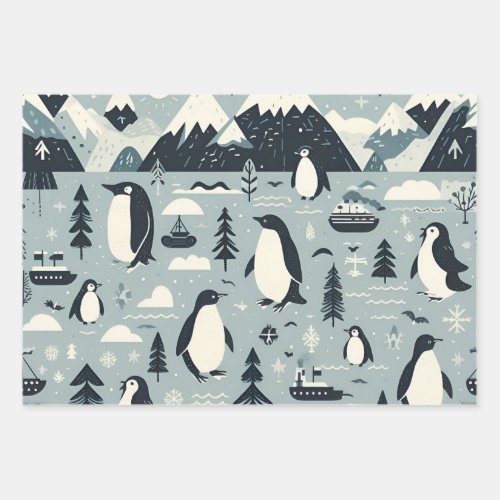Nordic Winter  Reindeer Penguins Seals Abstract Wrapping Paper Sheets