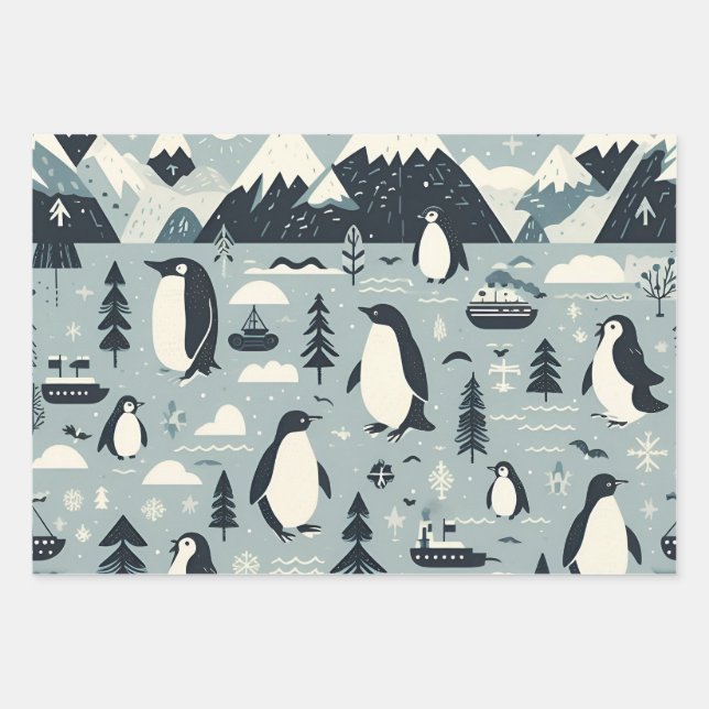 Nordic Winter  Reindeer Penguins Seals Abstract Wrapping Paper Sheets (Front)