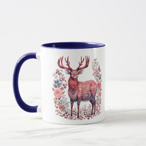 Nordic Winter Reindeer Pink Blue Monogram Mug