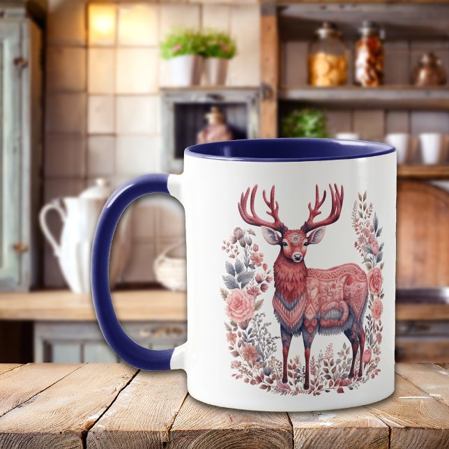 Nordic Winter Reindeer Pink Blue Monogram Mug (Creator Uploaded)