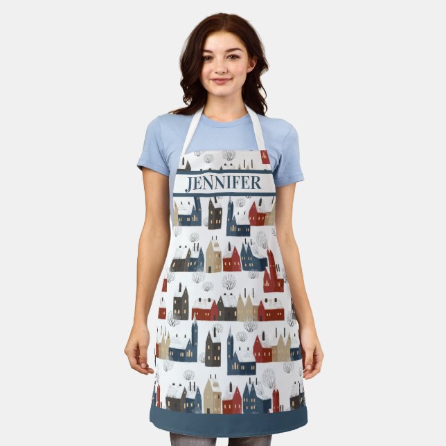 Nordic Winter Rustic Village Holiday Custom Name Apron (Worn)