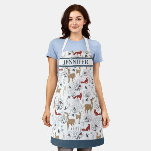 Nordic Winter Rustic Woodland Animal Holiday Name Apron