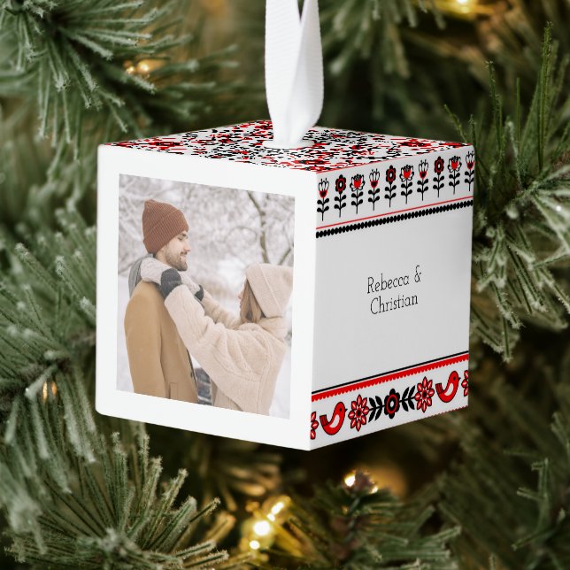 Nordic Winter Scandinavian Pattern Personalized Cube Ornament (Tree)
