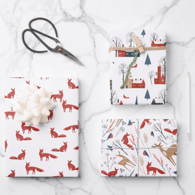 Nordic Winter Simple Minimalist Town Forest Fox Wrapping Paper Sheets (Front)