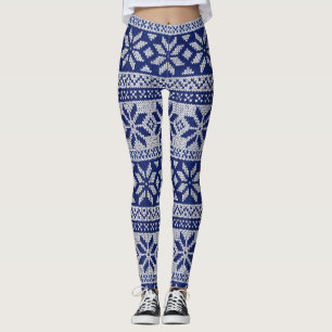 Nordic Winter Snowflake Knit Pattern Blue White Leggings