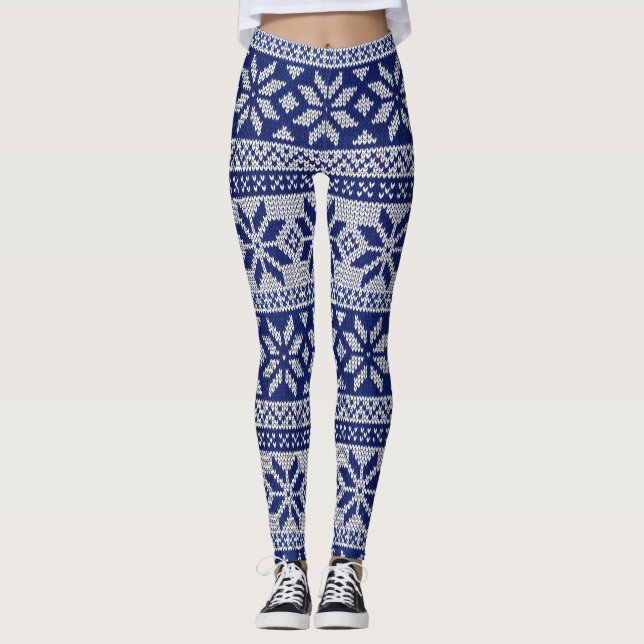 Nordic Winter Snowflake Knit Pattern Blue White Leggings (Front)