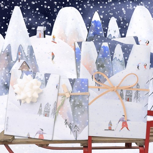 Nordic Winter Snowy Mountain Ski Village Night Sky Wrapping Paper Sheets