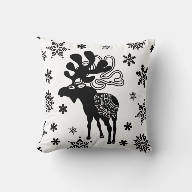 Nordic Winter Star Art and Snowflakes Throw Pillow (Front)