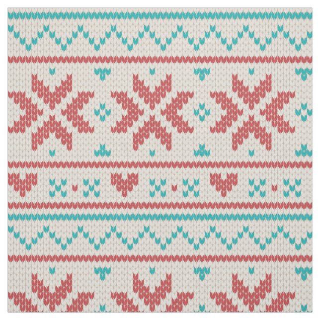 Nordic Winter Sweater Faux Knit Aqua & Red Pattern Fabric (Swatch)